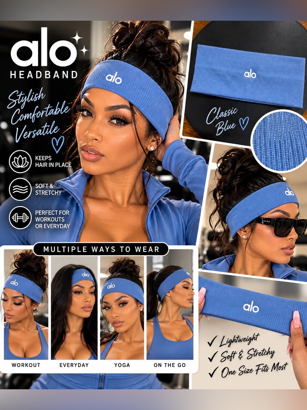 ALO Yoga Classic Blue Stretch Headband — Soft Ribbed Women’s Hairband